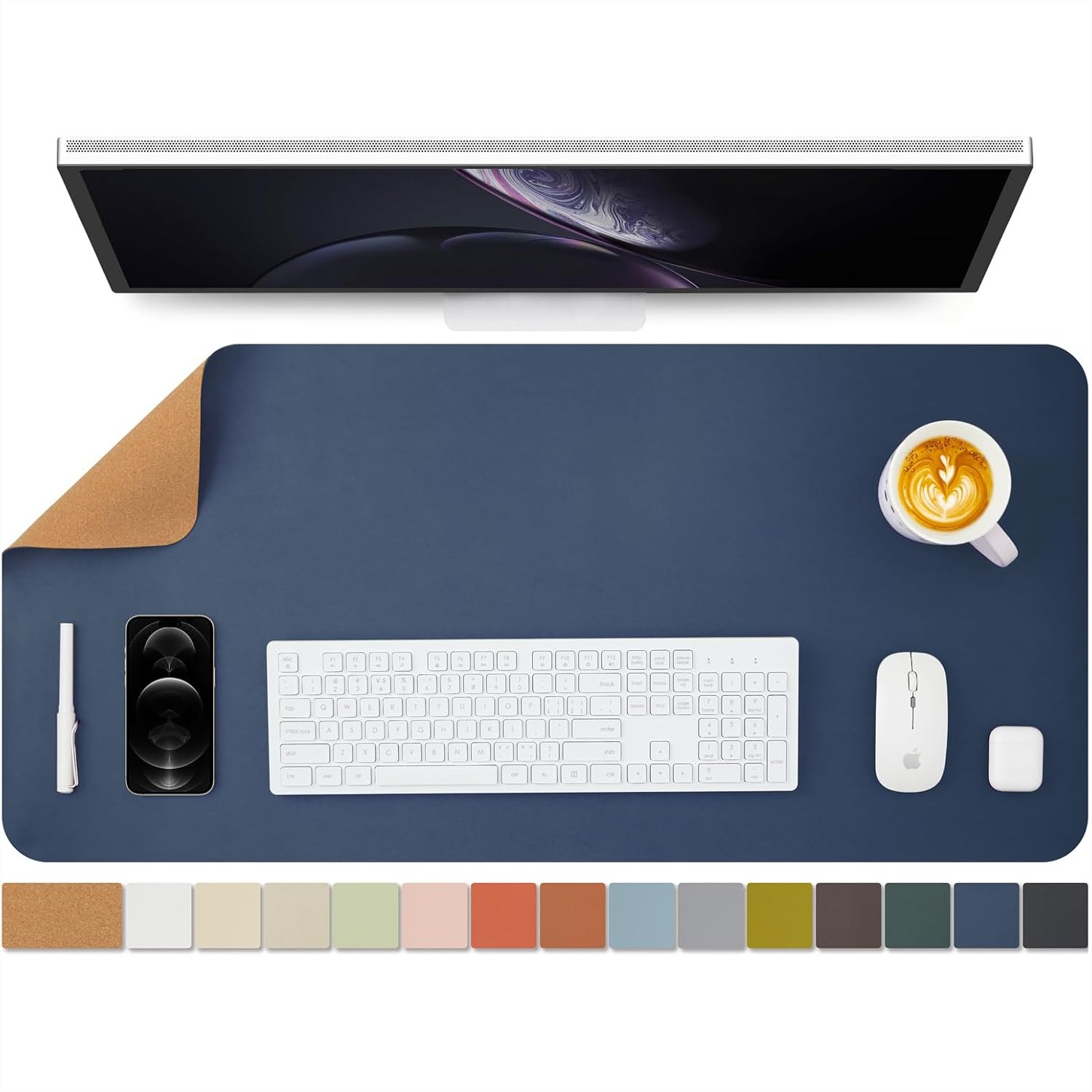 Leather Desk Pad - แผ่นรองโต๊ะทำงานแบบสองด้าน ทำจากหนัง PU และไม้ก๊อก สำหรับสำนักงานและบ้าน กันน้ำและทำความสะอาดง่าย